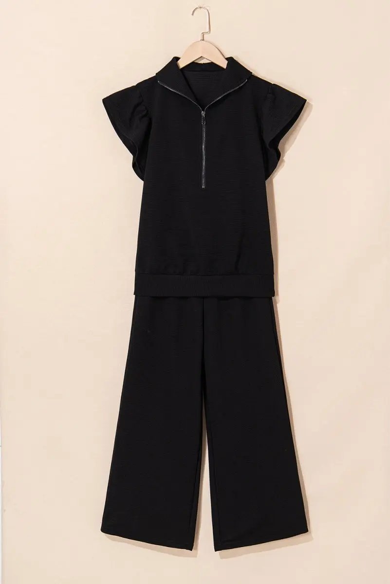 Black Textured Ruffled Sleeve Zipped Top and Wide Leg Pants Set - Love Salve